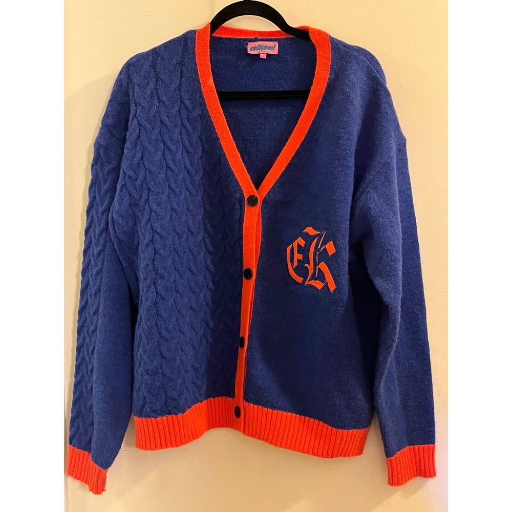 Edikted Cardigan Sweater Women's M/L‎ Blue Tight Knit Logo Graphic Long Sleeve